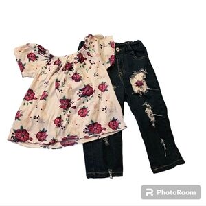 BMG Boutique 2pc Easter Top & Distressed Patched Denim Capris Size 2XL or 6 yrs